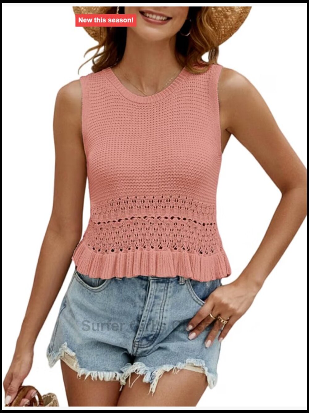 Crochet Crop Tank Top Sleeveless Knit Sweater Vest Ruffle Hem Summer